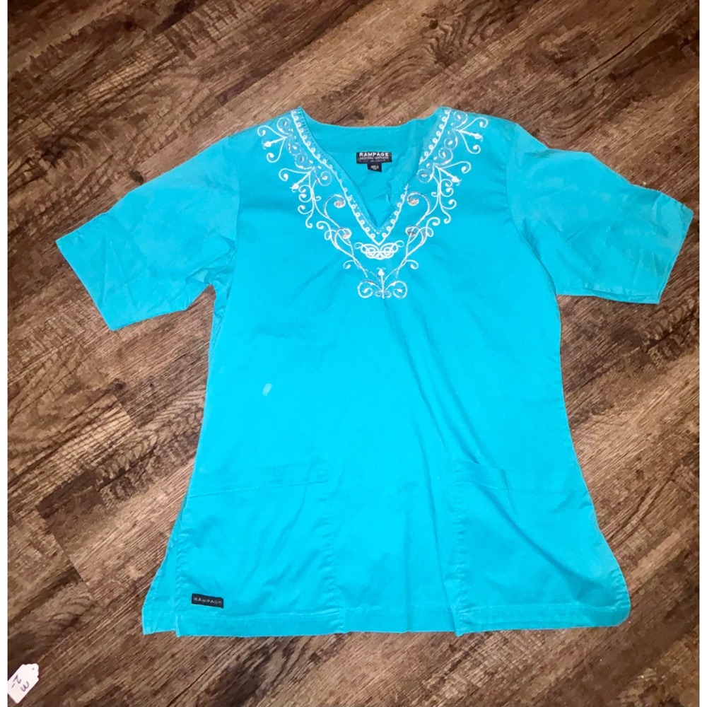Rampage Medical Apparel Scrub Top Turquoise Blue Embroidered V-Neck Medium